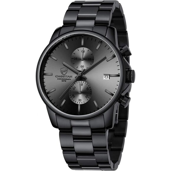 Men Black with Stainless Steel Waterproof Chronograph Quartz Watches - Picture 1 of 8